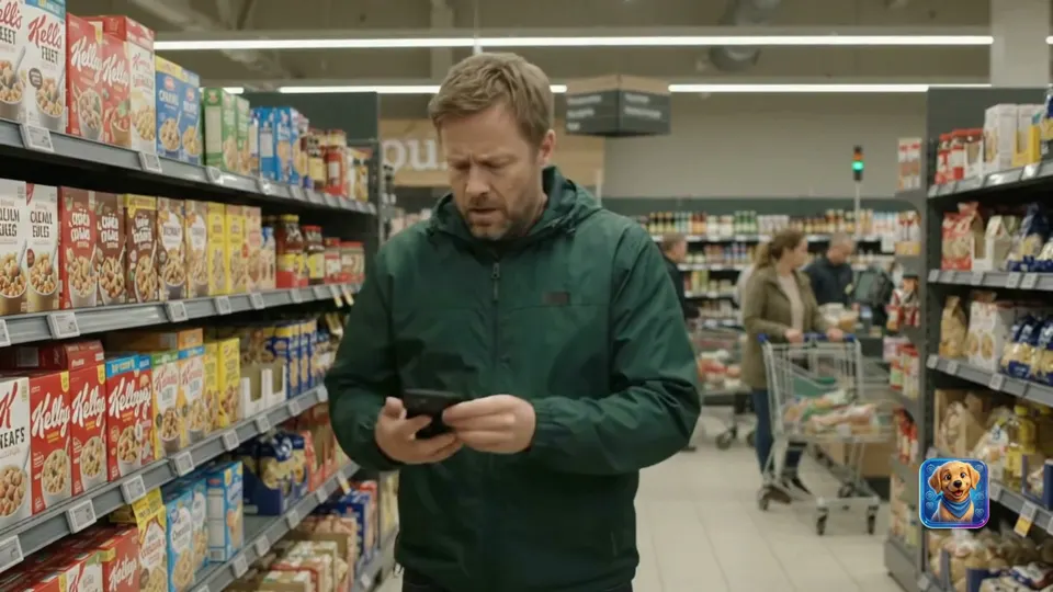 En mann på handletur står med telefonen mellom butikkhyllene.