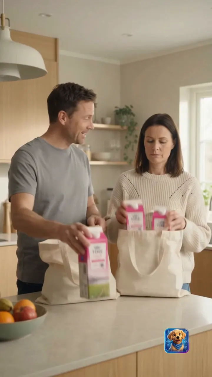 Familien pakker ut flere kartonger melk på kjøkkenbenken.