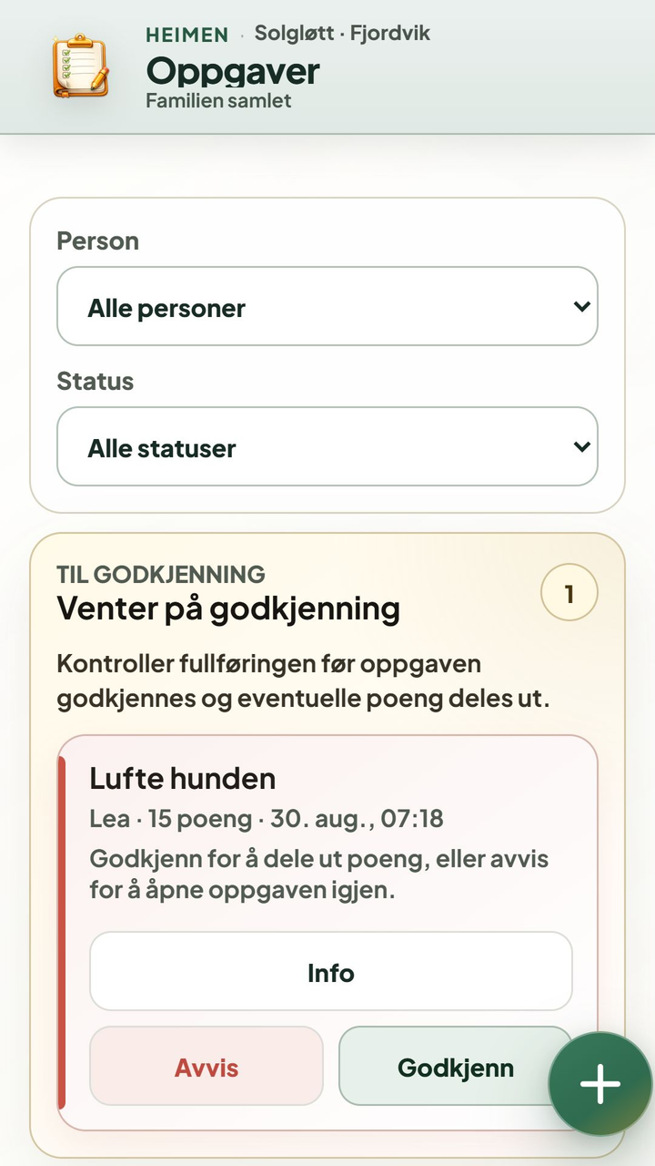 Oppgaveoversikten i Heimen viser filtre og en oppgave fra Lea som venter på godkjenning.