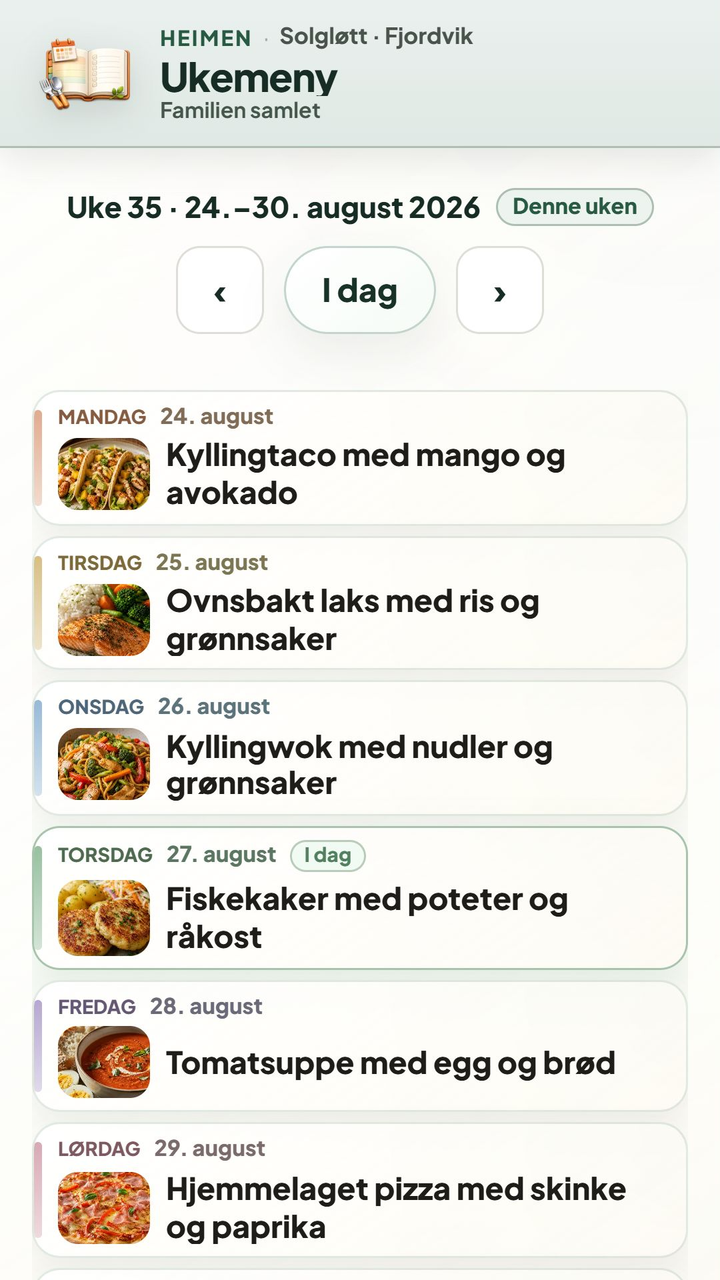Ukemenyen i Heimen viser planlagte middager med bilder for hver dag i uke 35.