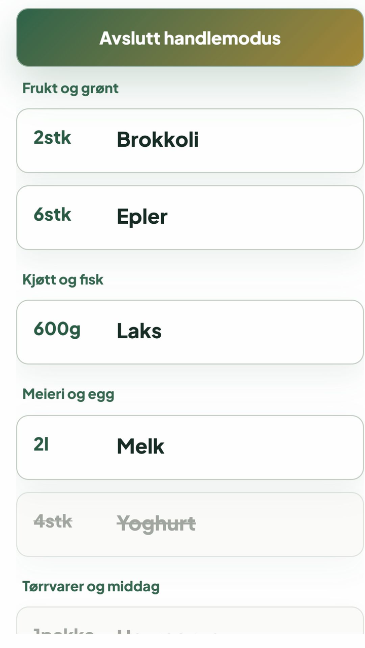Handlemodus i Heimen viser varer sortert etter kategori, med mengder og avhuking.