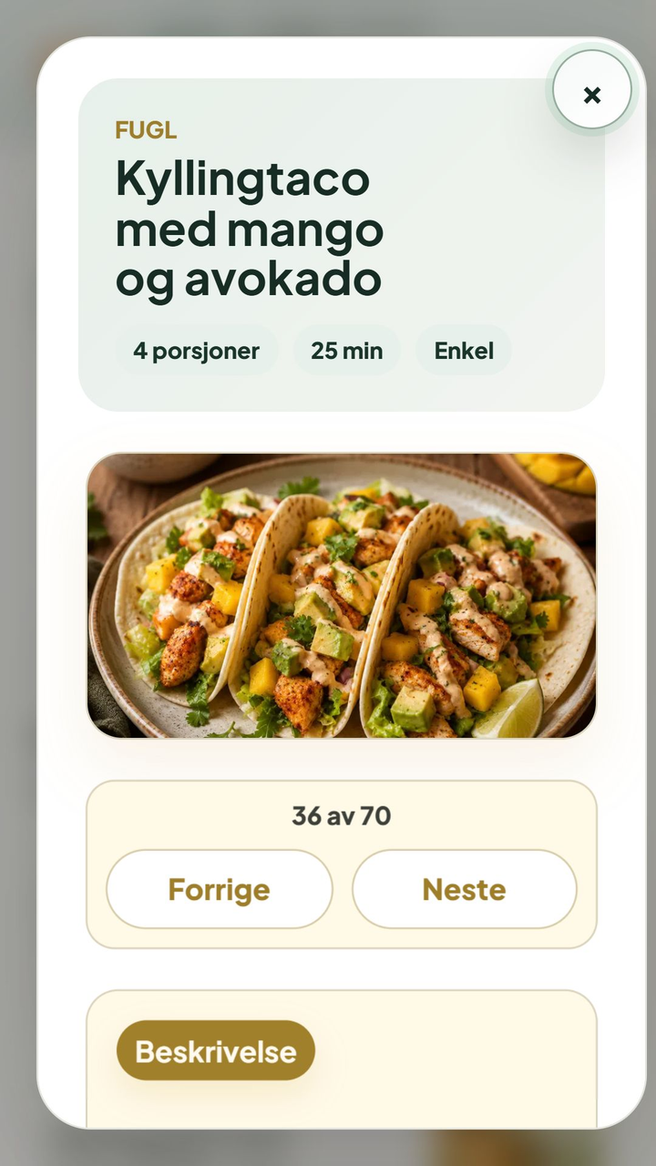 Oppskriftsdetaljen i Heimen viser Kyllingtaco med mango og avokado, fire porsjoner og 25 minutter.