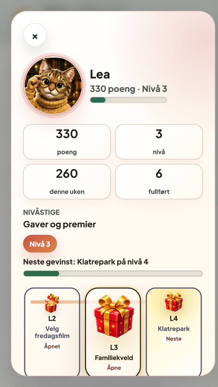 Belønninger i Heimen viser Leas poeng, tydelig nivåprogresjon og gavepremier.