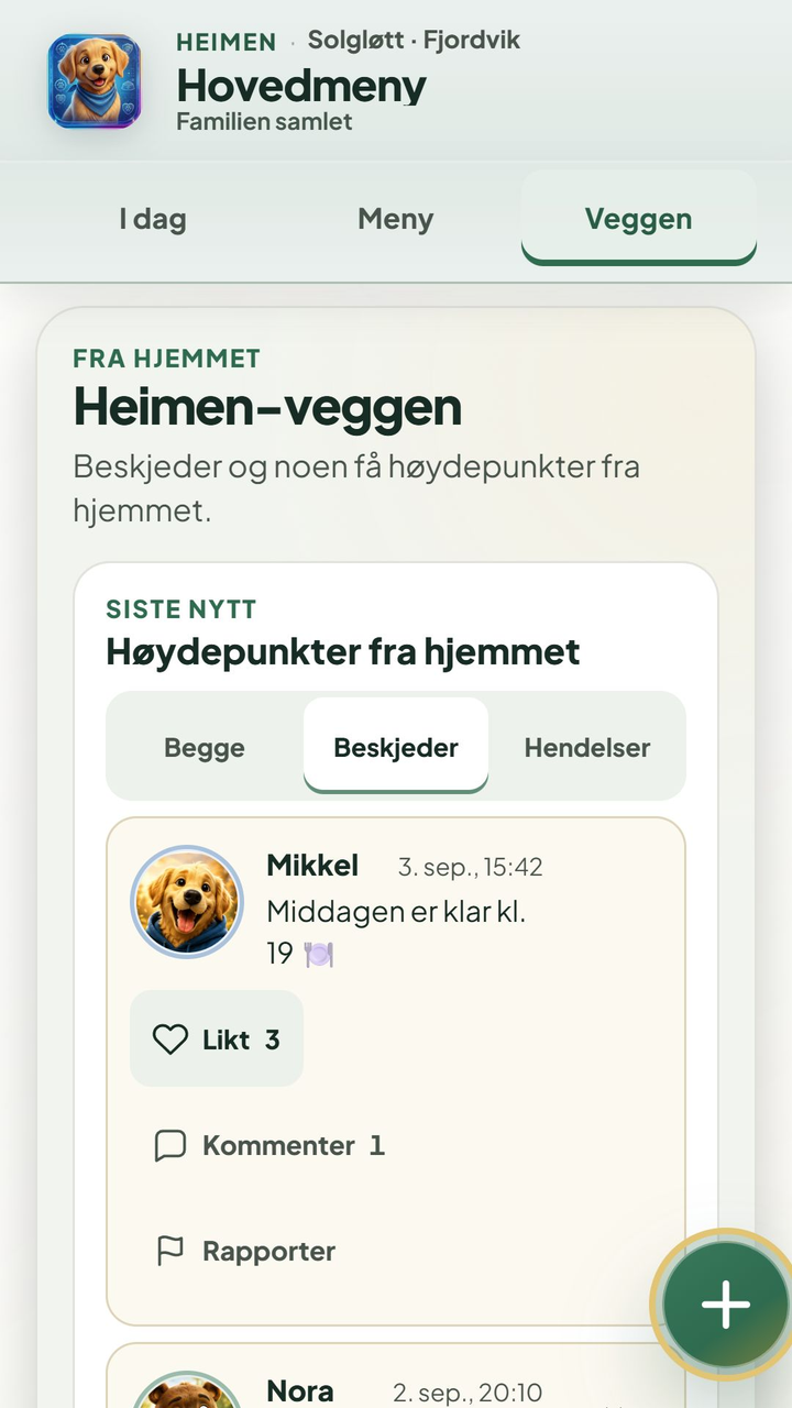 Heimen-veggen viser innholdsfilter, beskjeder fra fiktive familiemedlemmer og en plussknapp for nye innlegg.