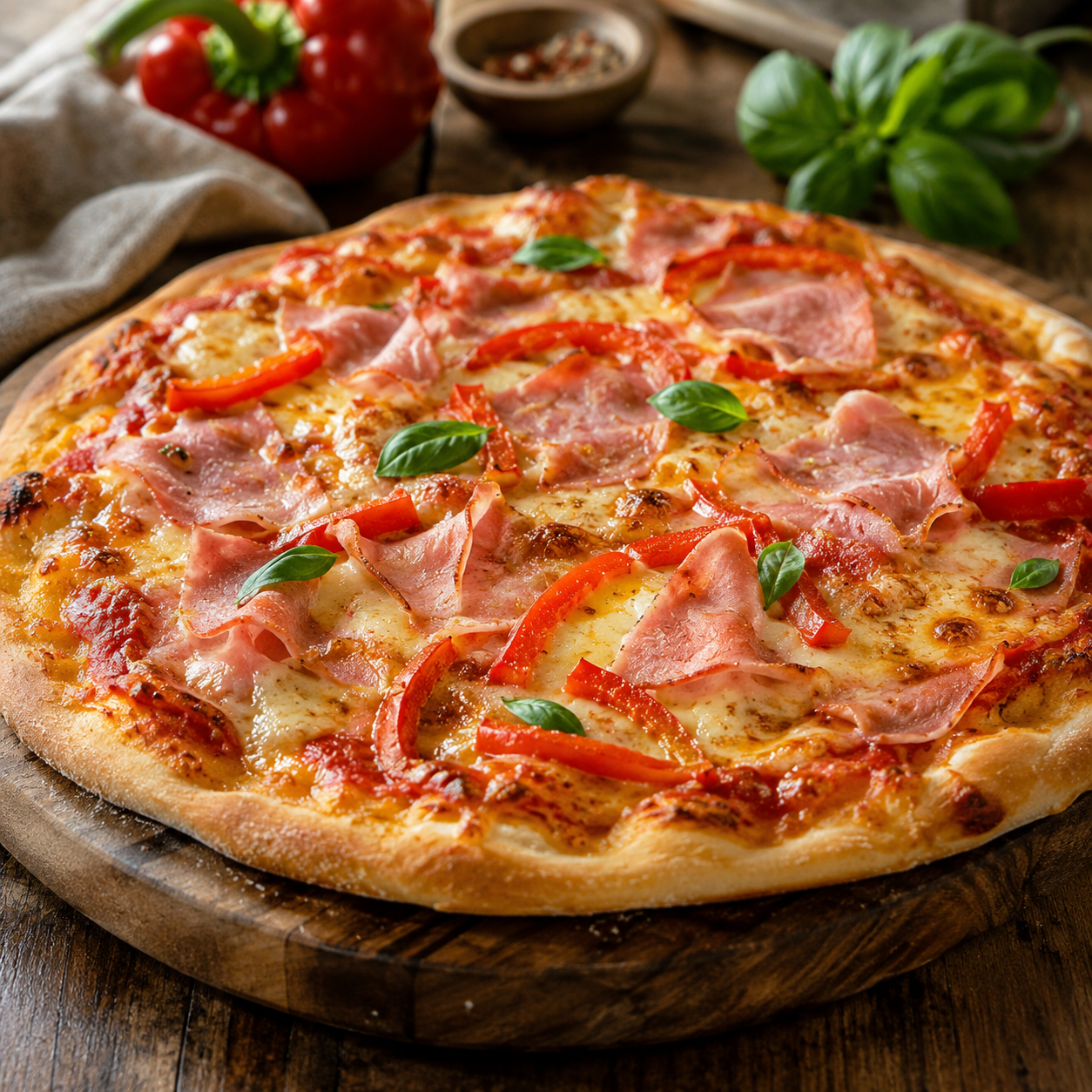 Hjemmelaget pizza med skinke og paprika