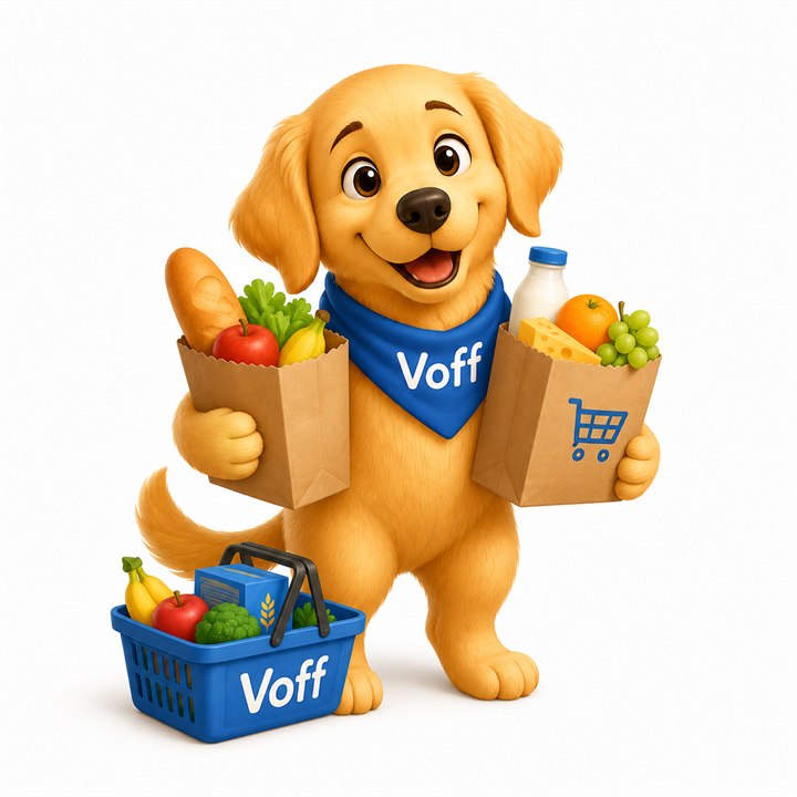 Voff med handleposer og handlekurv