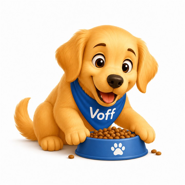 Voff spiser fra en blå matskål